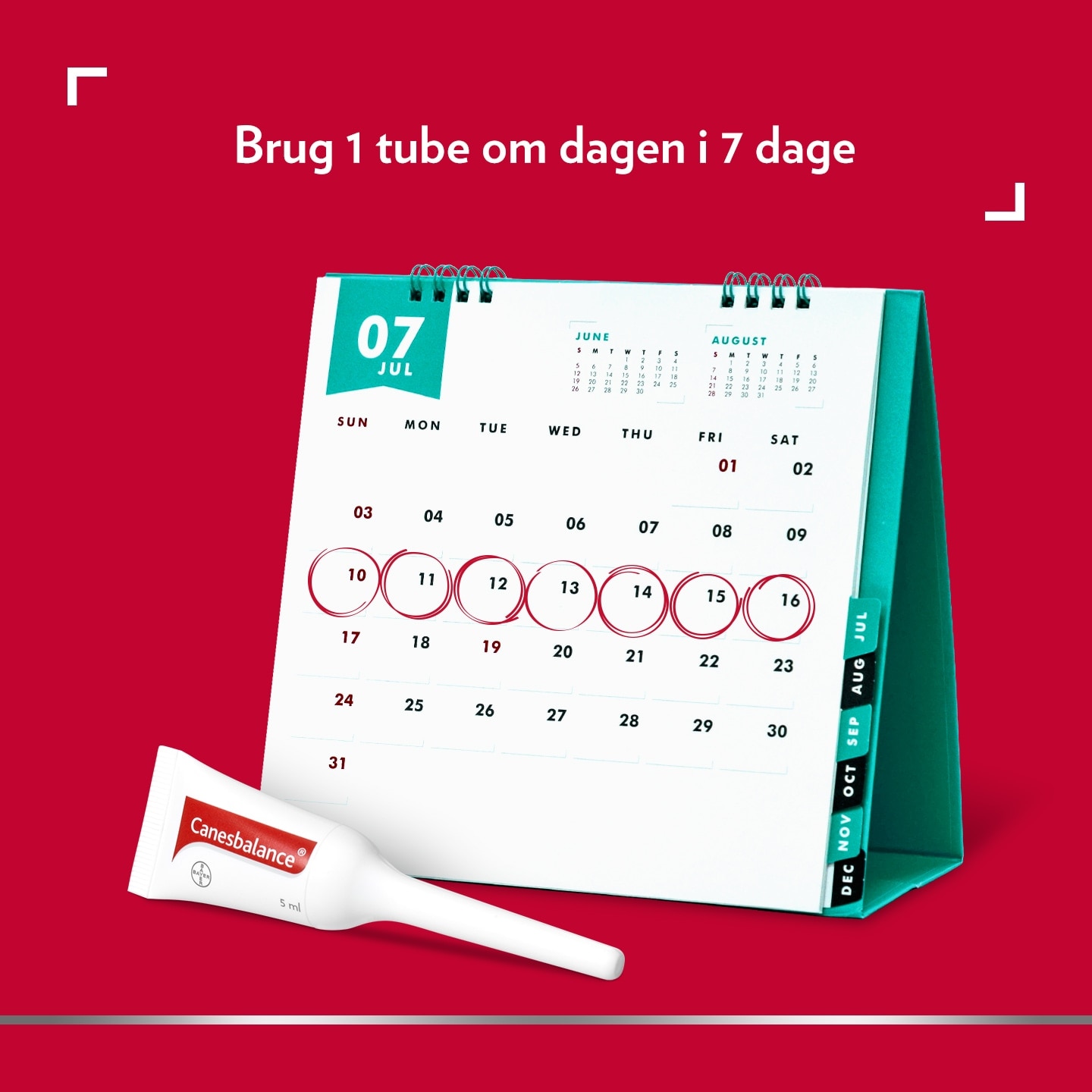 Billede af bordkalender og tube med Canesbalance® tube; billedtekst øverst: Brug 1 tube om dagen i 7 dage